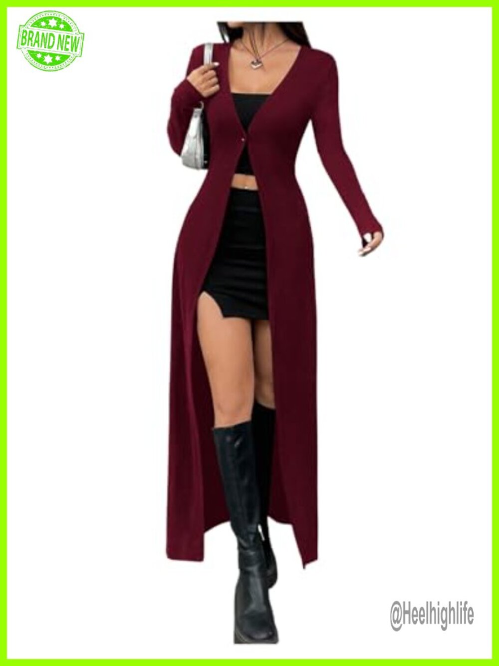 Women's Long Lightweight Button Up Cardigan Slim Fit Deep V Neck Ribbed Knit